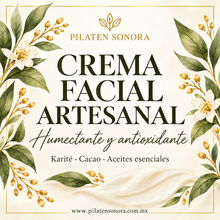 Crema facial artesanal humectante y antioxidante Pilaten Sonora, diseño botánico con karité, cacao y aceites esenciales.