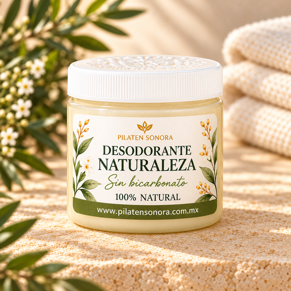 Desodorante Naturaleza sin bicarbonato Pilaten Sonora en tarro con etiqueta botánica.